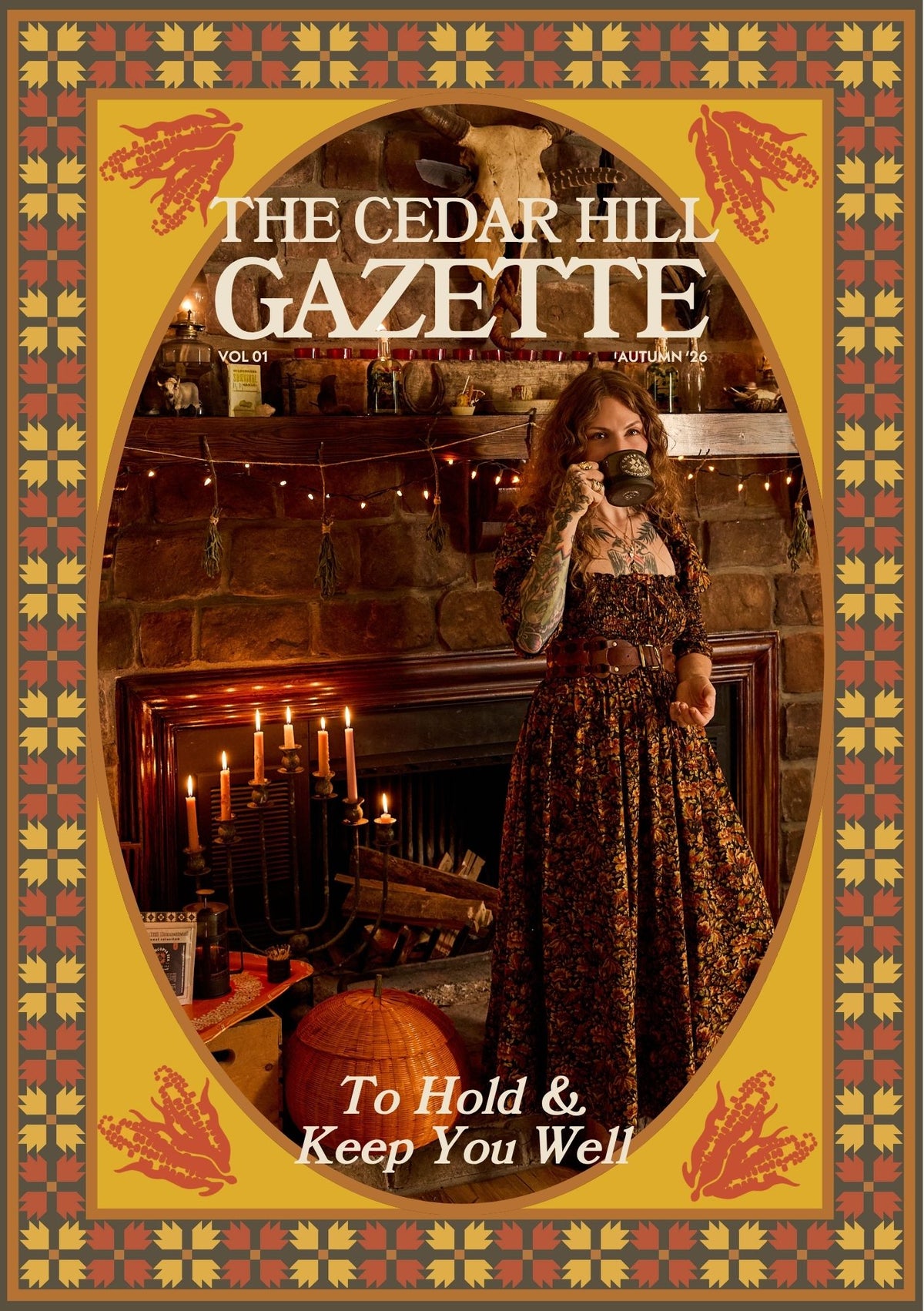 Front cover of The Cedar Hill Gazette magazine, featuring a woman in a long dark floral dress standing in front of a fireplace with candles, autumn leaves, and a pumpkin, surrounded by a decorative patterned border.