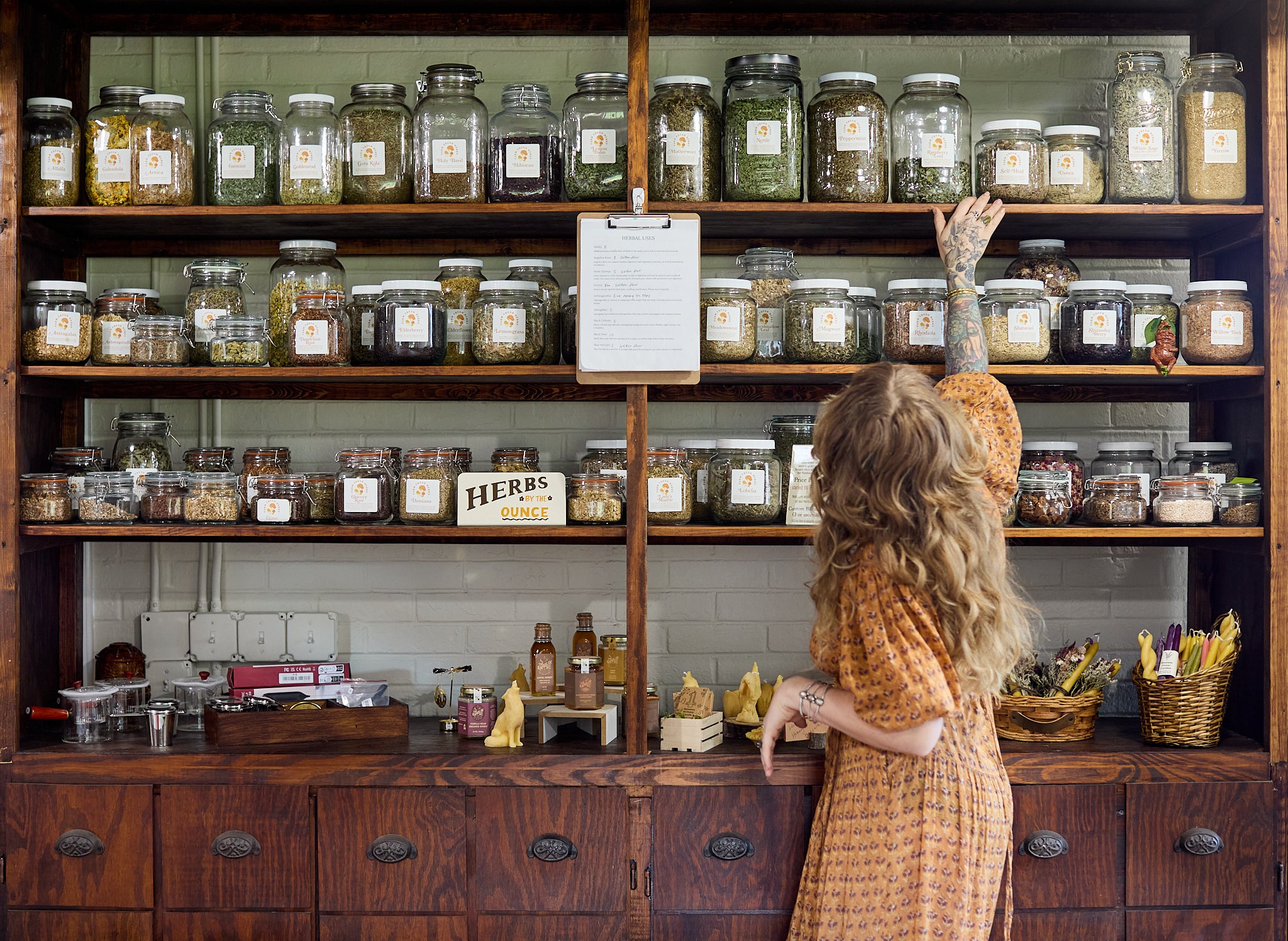 Cedar Hill Homestead apothecary interior with warm lighting, displaying herbal products and consultation space