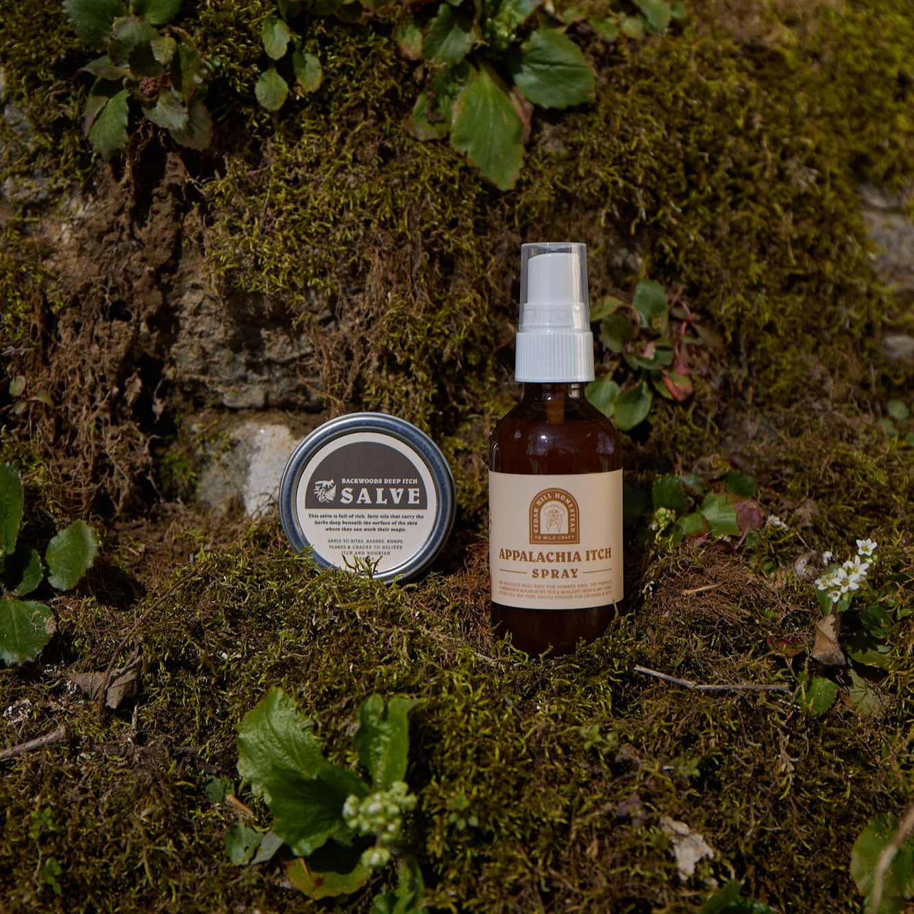 Backwoods Deep Itch Salve and Appalachia Itch Spray sit on mossy ground, promoting natural itch relief.
