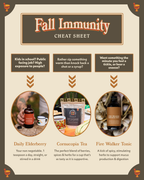 A promotional infographic titled 'Fall Immunity CHEAT SHEET' on a beige background with brown border accents. It features three product recommendations with photos and descriptions: a daily elderberry bottle, a cornucopia tea cup, and a fire walker tonic bottle, with text boxes above each.