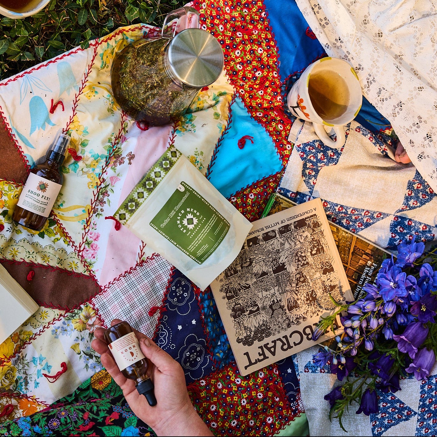 Outdoor picnic with books, bottles, and a quilt on a grassy surface