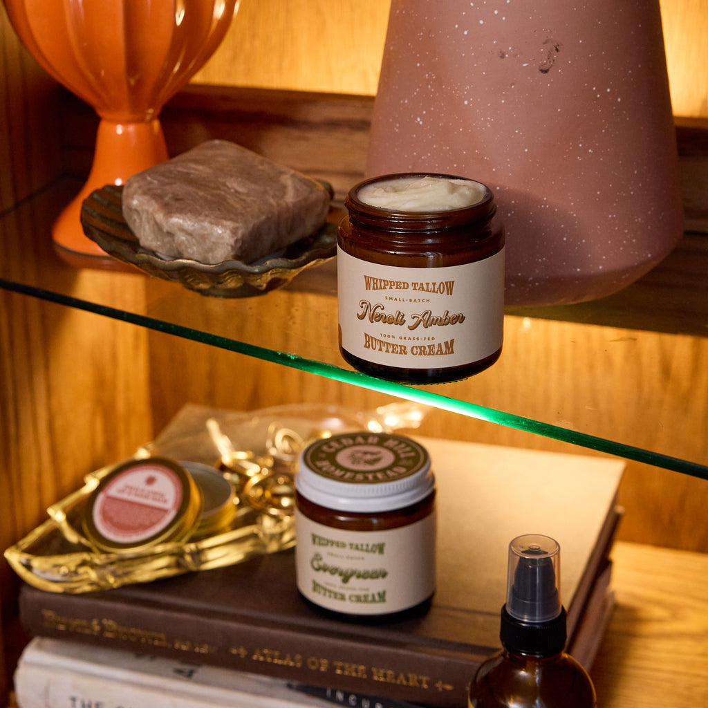 Jars of Neroli Amber and Evergreen Whipped Tallow Butter from Cedar Hill Homestead