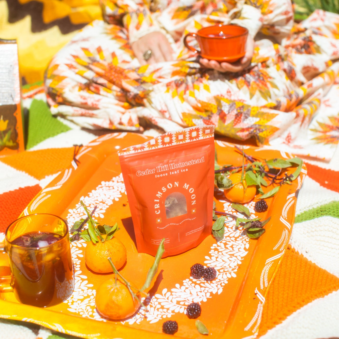 Person in a colorful outfit sitting on a blanket with a tray of food and drinks outdoors.