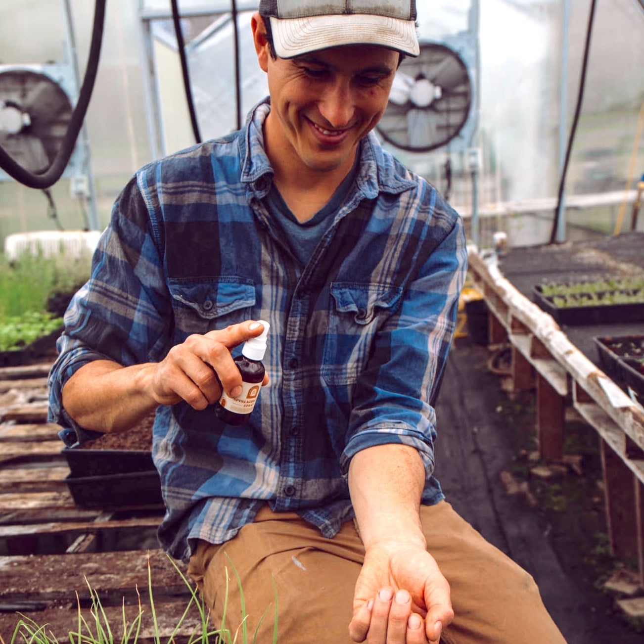 Farmer sprays natural insect repellent onto his arm inside a greenhouse.
